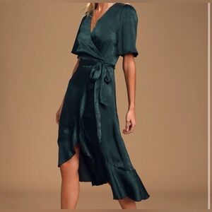 LuLu’s Wrapped Up In Love Dark Green Satin Faux-wrap Midi Dress Size XS